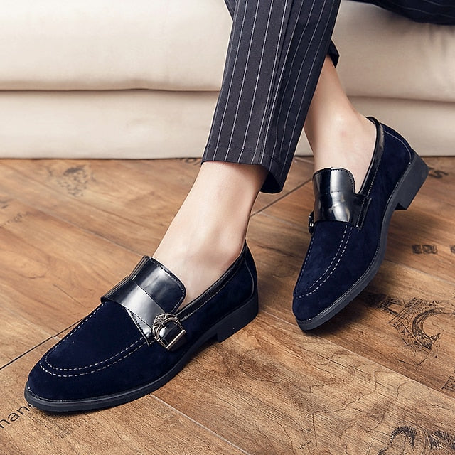 with Strap Metal Loafers Men's Patent Suede Leather and