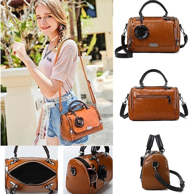 Vintage-Style Floral Handbag Women's Faux with Leather