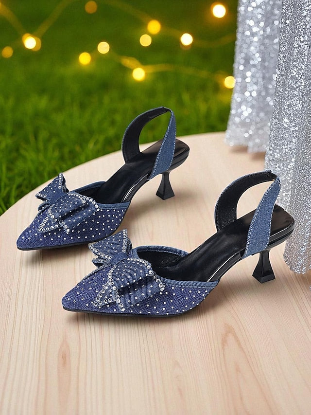 Slingback Women's Heels Pointed Sparkly Rhinestone Bow -
