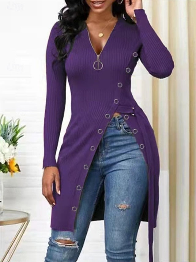 Women's Blouse Zipper Buttons Solid Color Stylish Casual