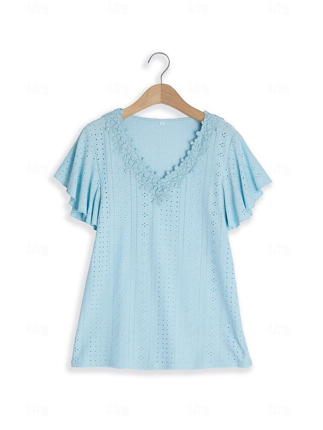 Women's Pointelle Shirt Eyelet Top Lace Shirt Lace Short