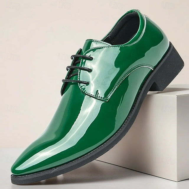 Formal for Green Leather Patent Shoes Glossy Men Lace-Up –