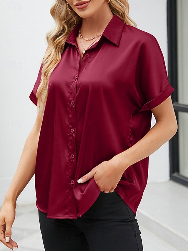 Women's Shirt Elegant Dressy Satin Top Buttons Solid Color