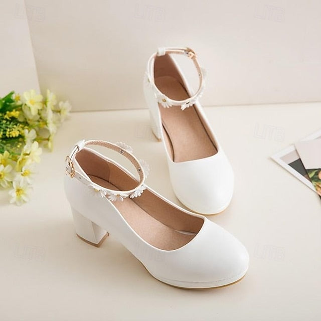 Flower Block with Shoes White Heel Ankle Daisy Girls'