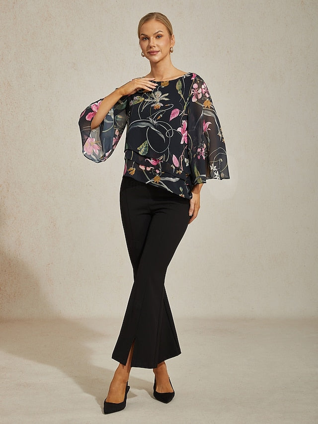 Women's Blouse Black Floral 3/4 Sleeve Loose Round Neck