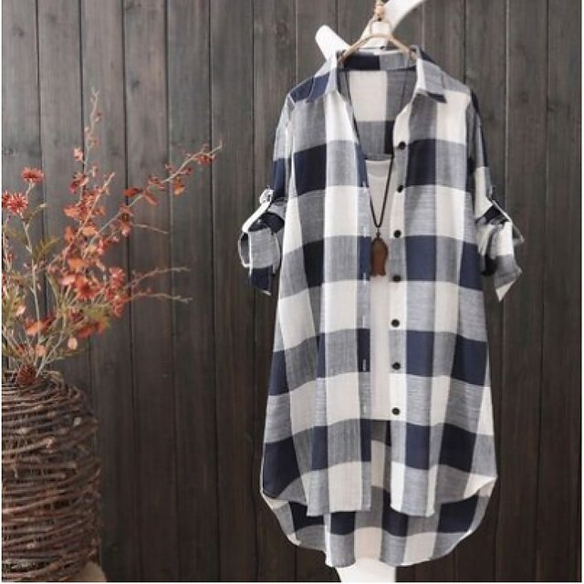 Women's Shirt Cotton Blend Blouse Plaid Casual Long Sleeve