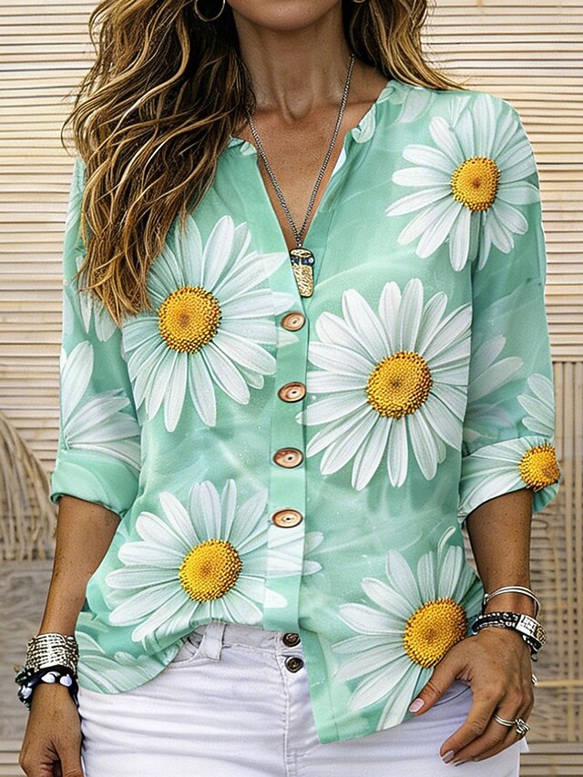 Women's Shirt Tunic Summer Tops Buttons Floral Graphic