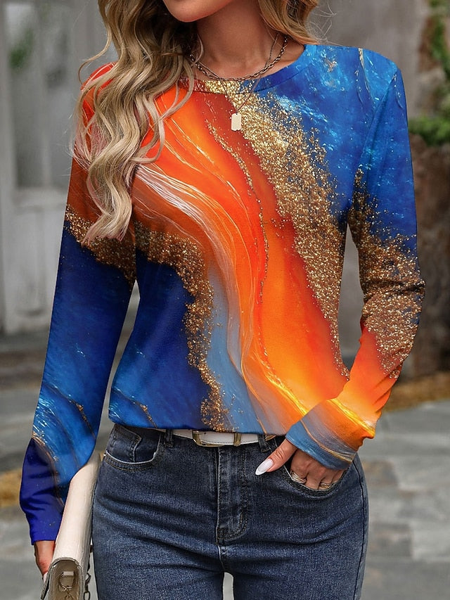 Women's T shirt Crew Neck Long Sleeve Tunic Ombre Graphic