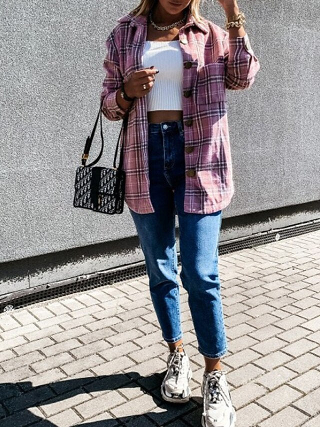Women's Shirt Blouse Pocket Buttons Plaid Stylish Long