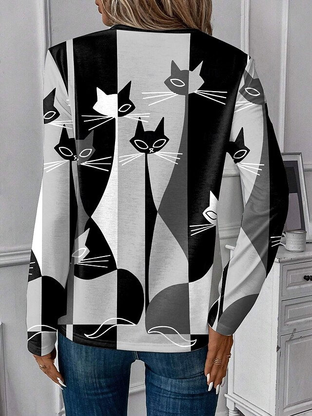 Women's T Shirt Casual Color Block Cat Print Short Sleeve