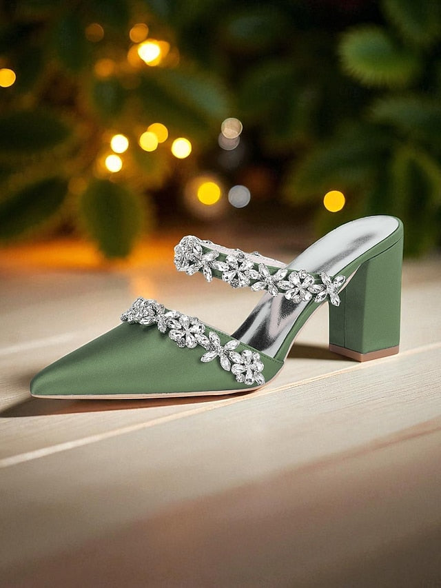 Block Heel Floral with Women's Black Mules Satin Rhinestone