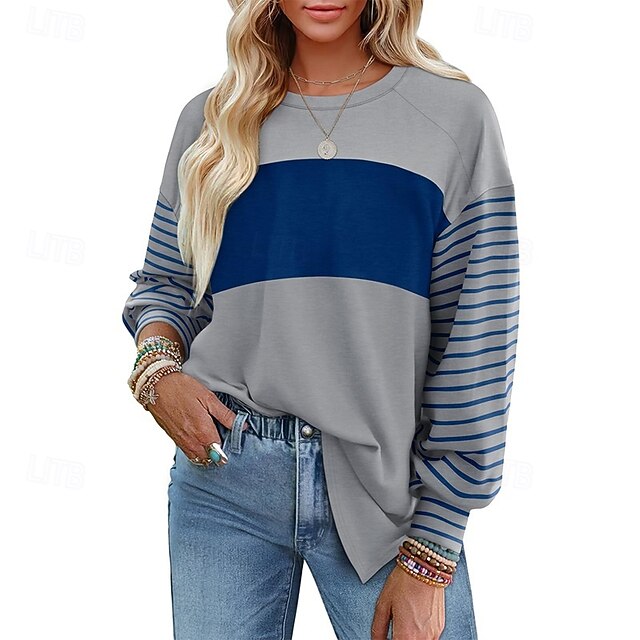 Women's T Shirt Tee Top Patchwork Striped Fashion Classic