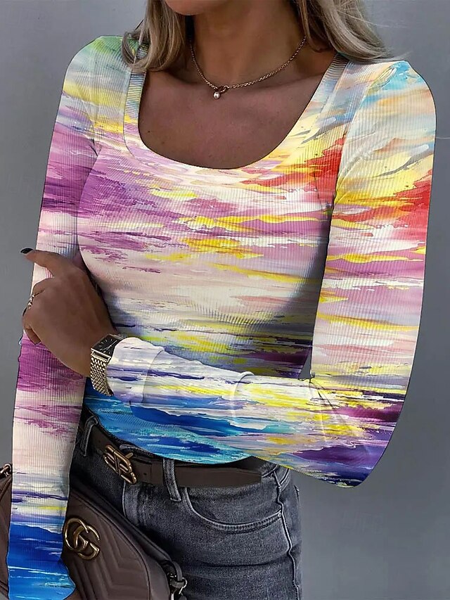 Women's T shirt Long Sleeve Ribbed Graphic Square Neck Long
