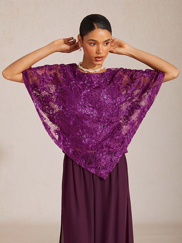Women's Tunic Blouse Poncho Lace Tops Sequins Lace
