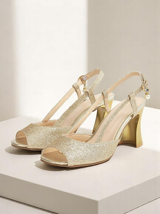 Sparkly Women's - Slingback Gold Glitter Heels Open-Toe