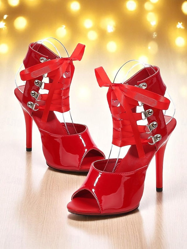 Black Cutout Sexy Sandals Lace-Up Women's Stiletto Patent -