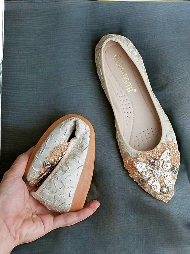 Flats Ballet with Foldable Women's Beaded Embroidered