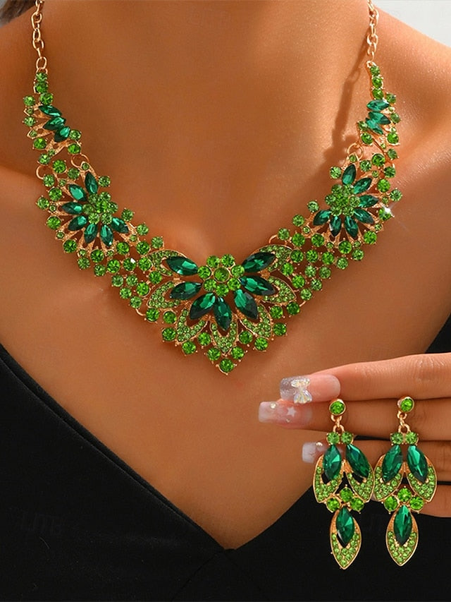 Elegant Set – Jewelry Statement Necklace Crystal Green