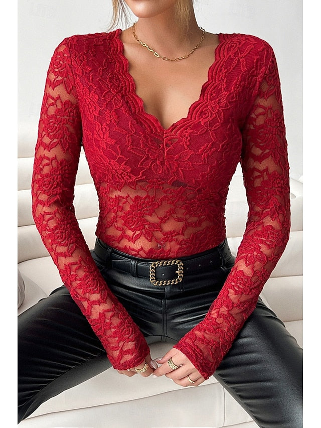Women's Blouse Lace Tops Lace Plain Stylish Long Sleeve V