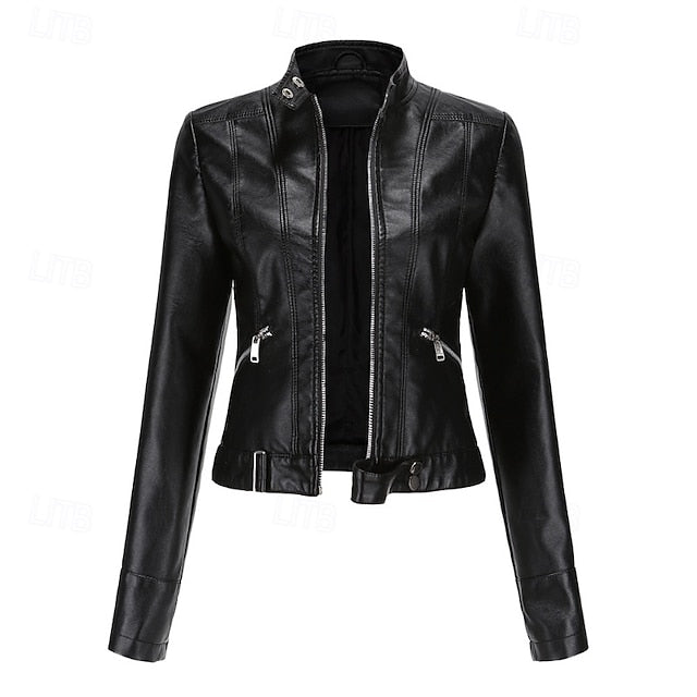 Jacket Pocket Leather Women's Zipper Faux Comfortable