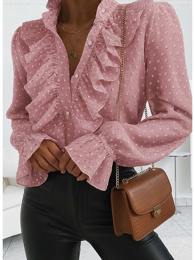 Shirt Blouse Women's White Pink Blue Plain Ruffle Button