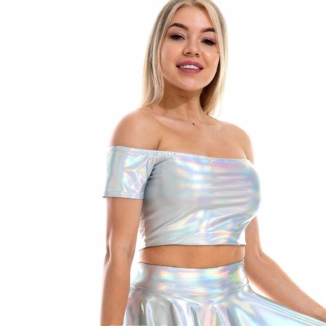 Metallic 1980s Shiny Latex Patent Crop Top PU Leather Off