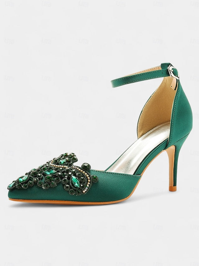 Ankle Heels Pointed Strap – Women's Green Emerald Satin