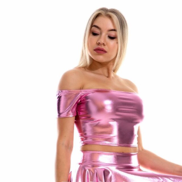 Metallic 1980s Shiny Latex Patent Crop Top PU Leather Off