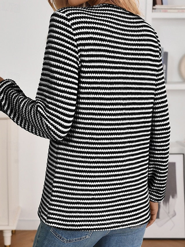 Women's T Shirt Buttons Striped Classic Casual Long Sleeve