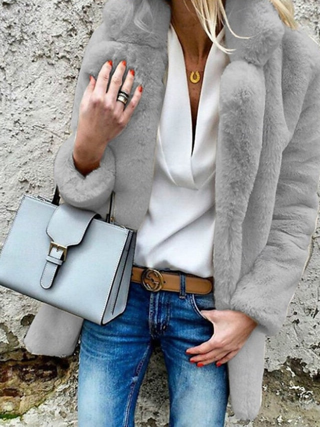 Comfortable Casual Plain Coat Going Warm Women's Fur Collar