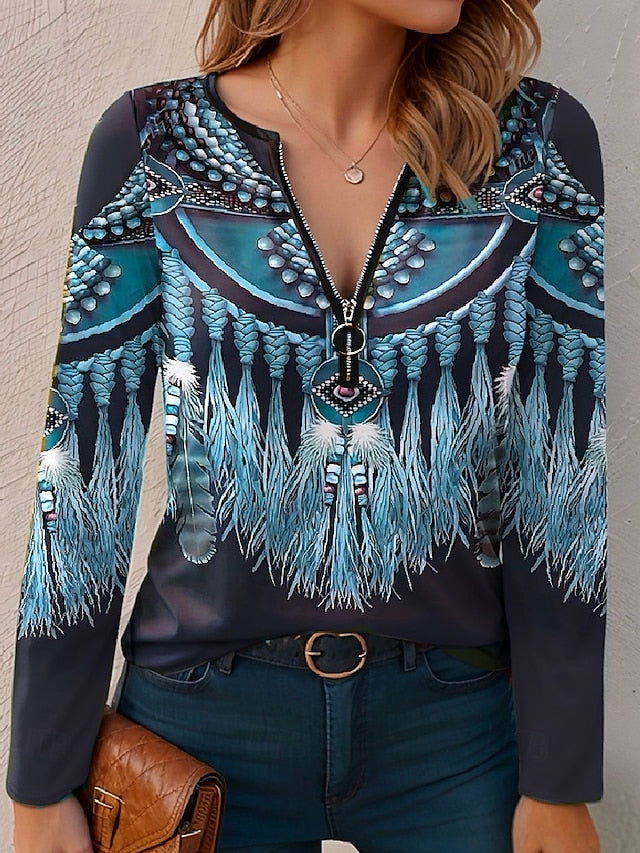 Women's T Shirt Quarter Zip Long Sleeve Casual Graphic V
