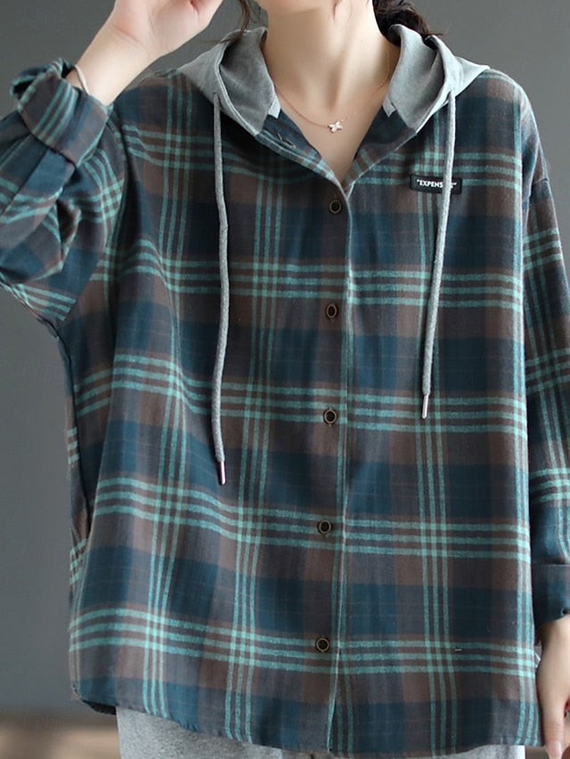 Women's Blouse Buttons Print Plaid Stylish Casual Long