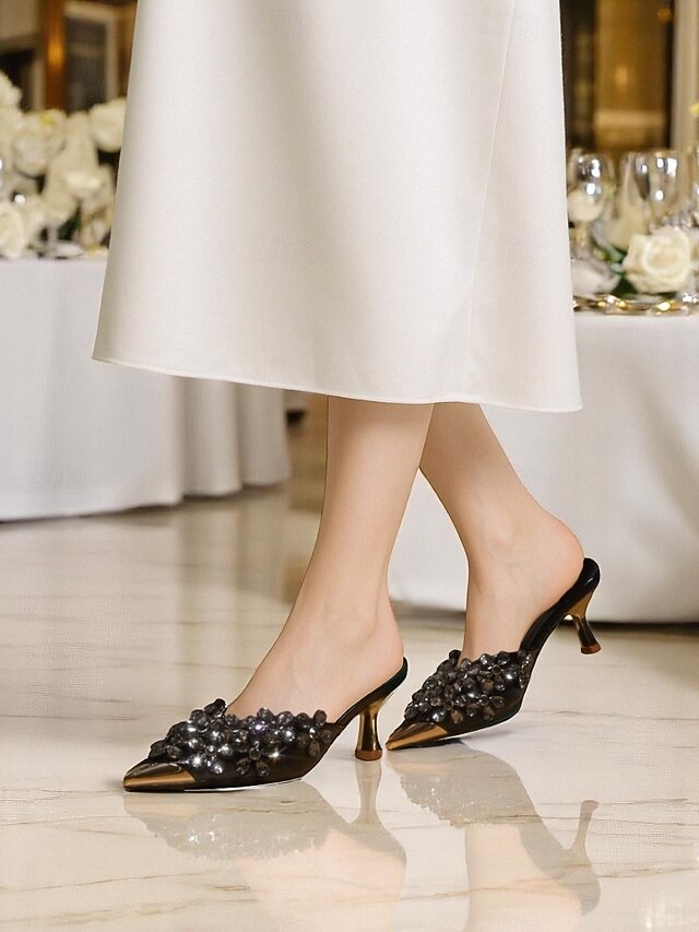 Mules Embellished Pointed-Toe – Rhinestone Women's Black