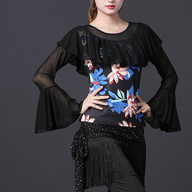 Latin Dance Ballroom Dance Top Printing Ruffles Splicing