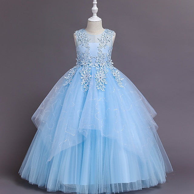 Kids A Floral Line Colored Girls' Solid Dress