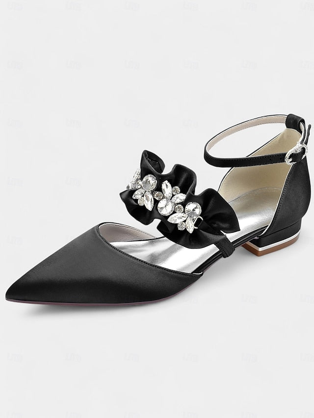 with Satin Pointed-Toe Flats Black Rhinestone Women's