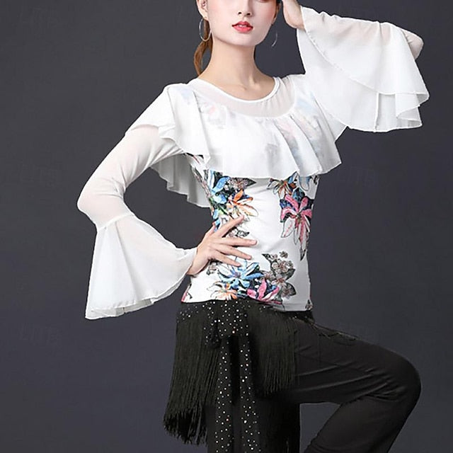 Latin Dance Ballroom Dance Top Printing Ruffles Splicing