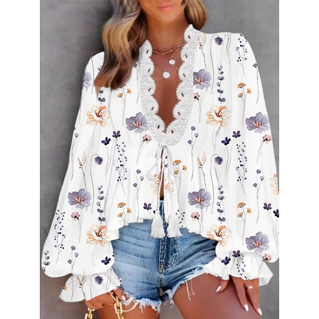 Women's Blouse Lace up Lace Floral Stylish Casual Long