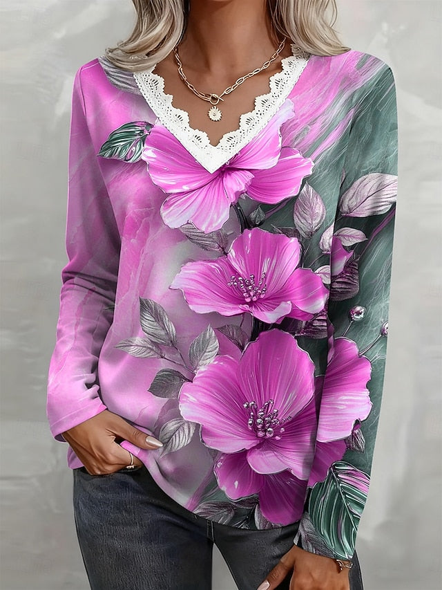 Women's T Shirt Lace Print Floral Graphic Vintage Stylish