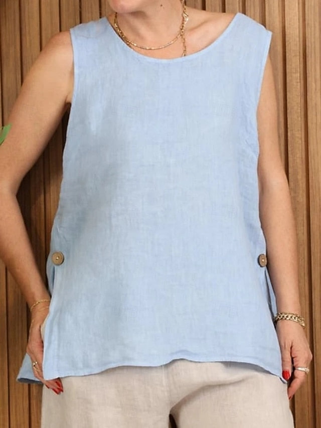 Women's T Shirt Faux Linen Shirt Tee Top Buttons Plain
