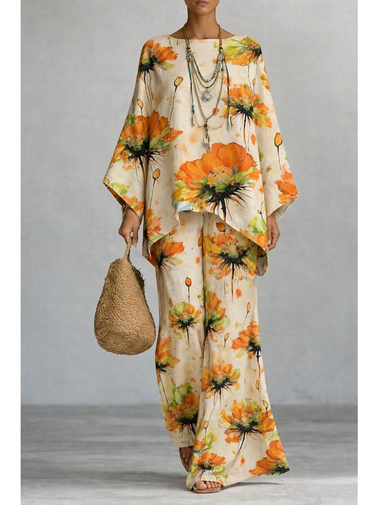 Women's Pants Sets Long Sleeve Round Neck Floral Graphic