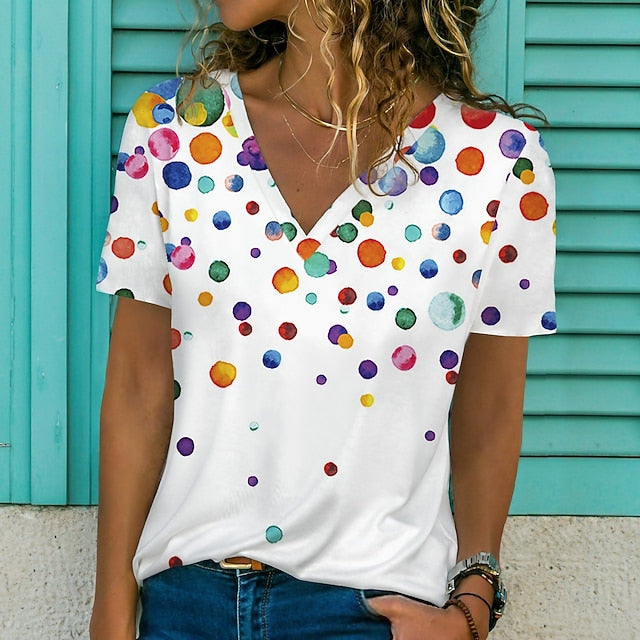 Women's T shirt Tee White Graphic Polka Dot Print Short