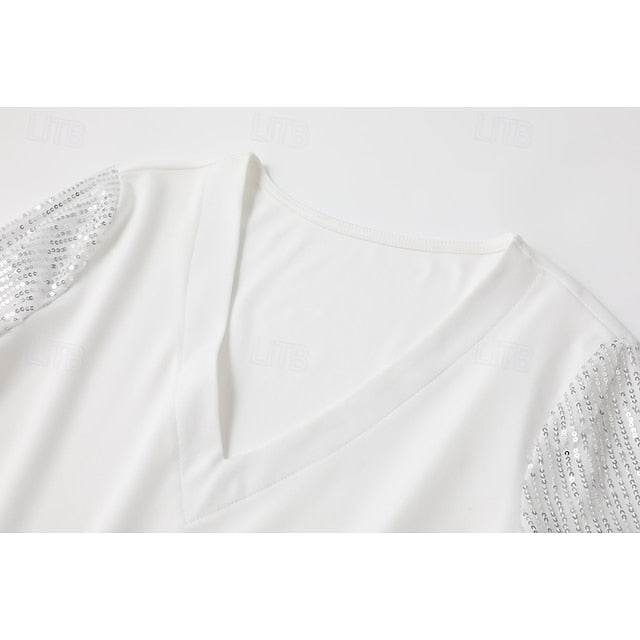 Women's T Shirt Sequins Patchwork Solid Color Elegant