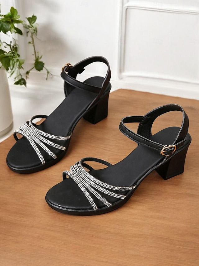 with Comfortable Rhinestones Block Sandals - Strappy Black Heel