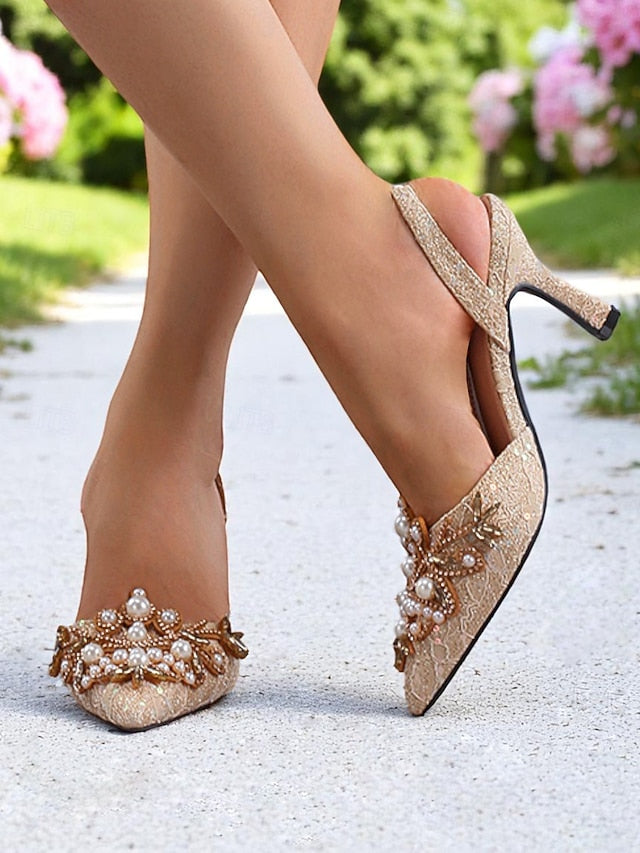 Heels Satin Slingback Detailing Women's Pearl with - Black