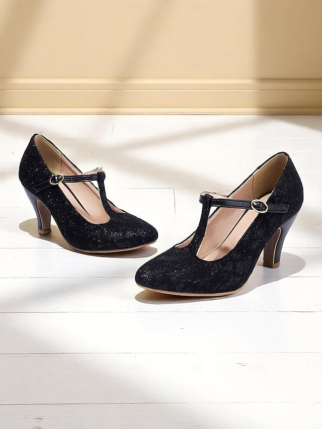 Ivory Heel Women's Mid Vintage Lace T-Strap Pumps-1920s