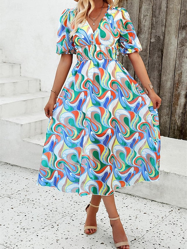 Women's Casual Dress Floral Print V Neck Midi Dress Ethnic