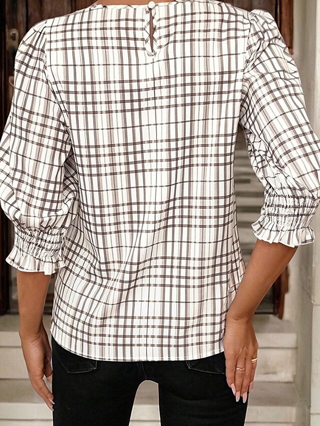 Women's Blouse Ruffle Plaid Stylish 3/4 Length Sleeve Crew