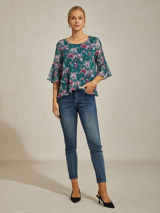 Women's Green Floral Print Sheer Flowy Chiffon Blouse