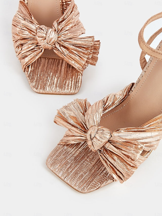and Detail Rose with Knot Heel Sandals Gold Textured Block